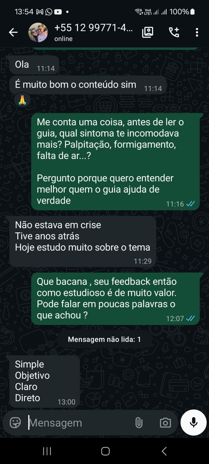 Depoimento de cliente via WhatsApp