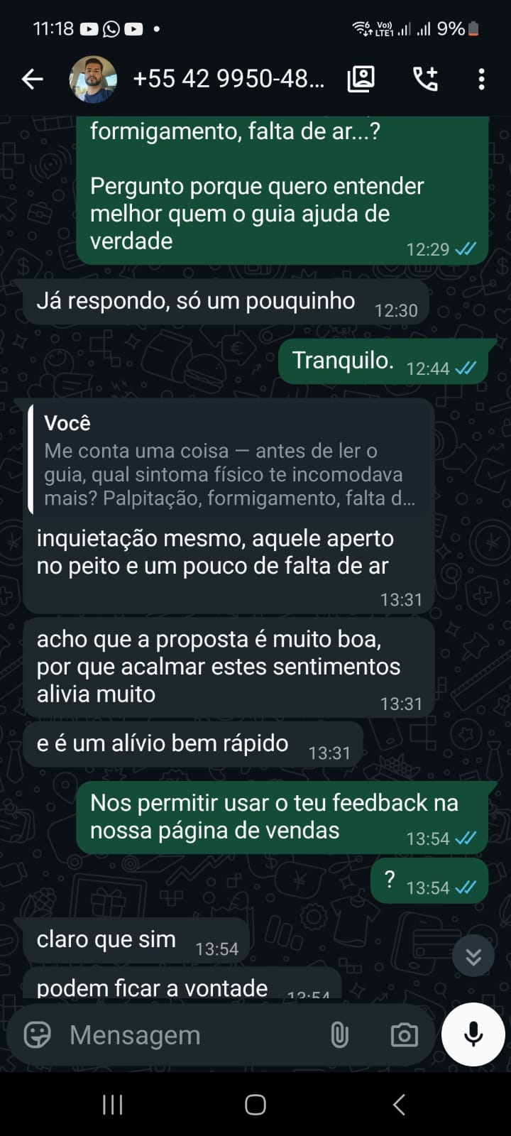 Depoimento de cliente via WhatsApp