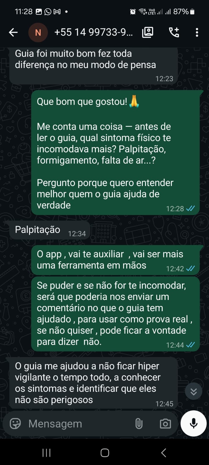 Depoimento de cliente via WhatsApp