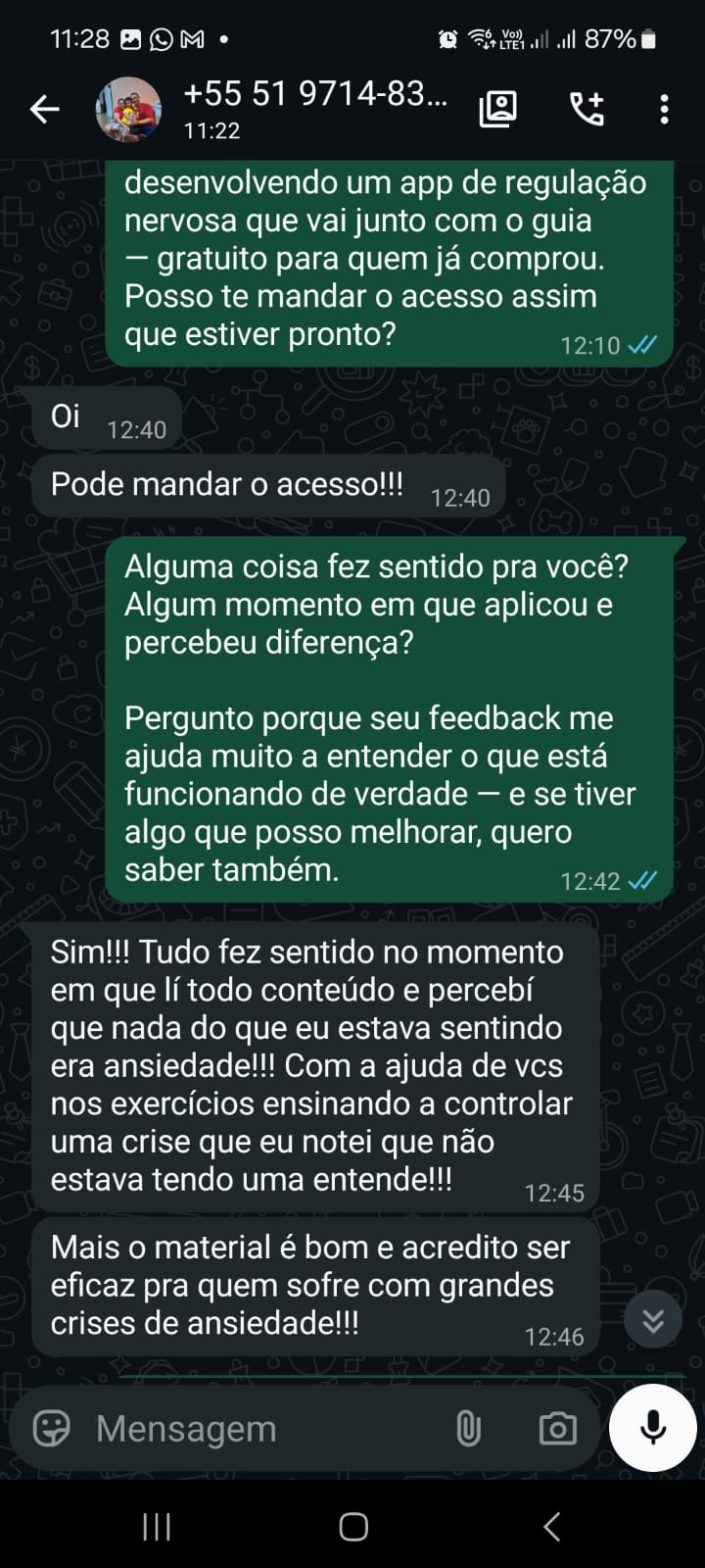 Depoimento de cliente via WhatsApp